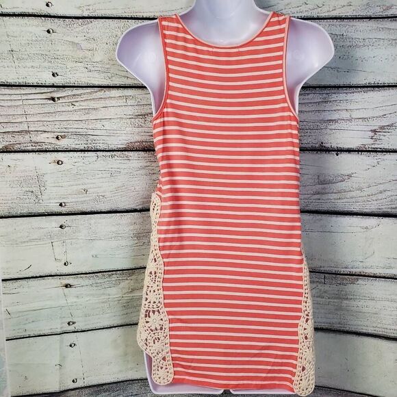 Paper + Tee Coral Striped Tank Top M Crochet Lace Sides Sleeveless Casual - Picture 4 of 7